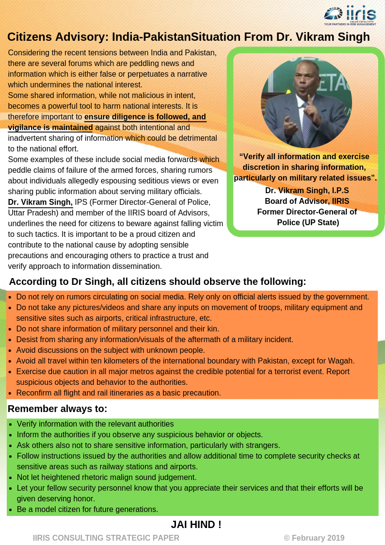 Citizens Advisory: India-Pakistan Situation From Dr. Vikram Singh