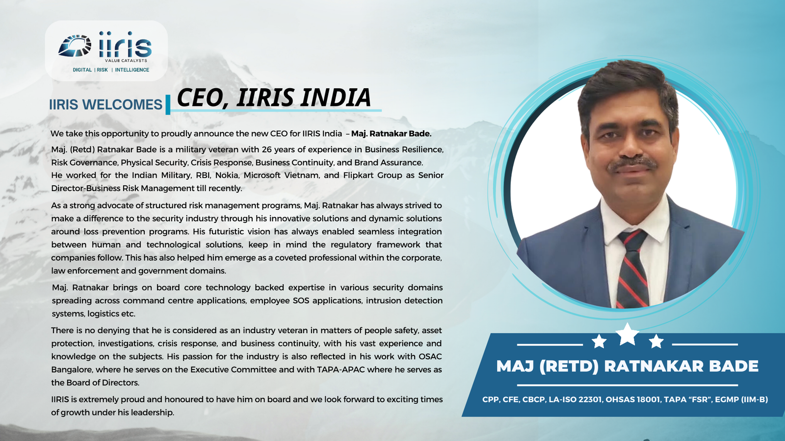 CEO for IIRIS India – Maj. Ratnakar Bade
